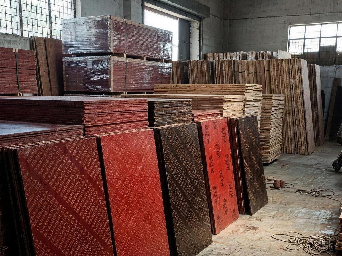 Film-coated plywood stacked in the Lala G godown, Lahore